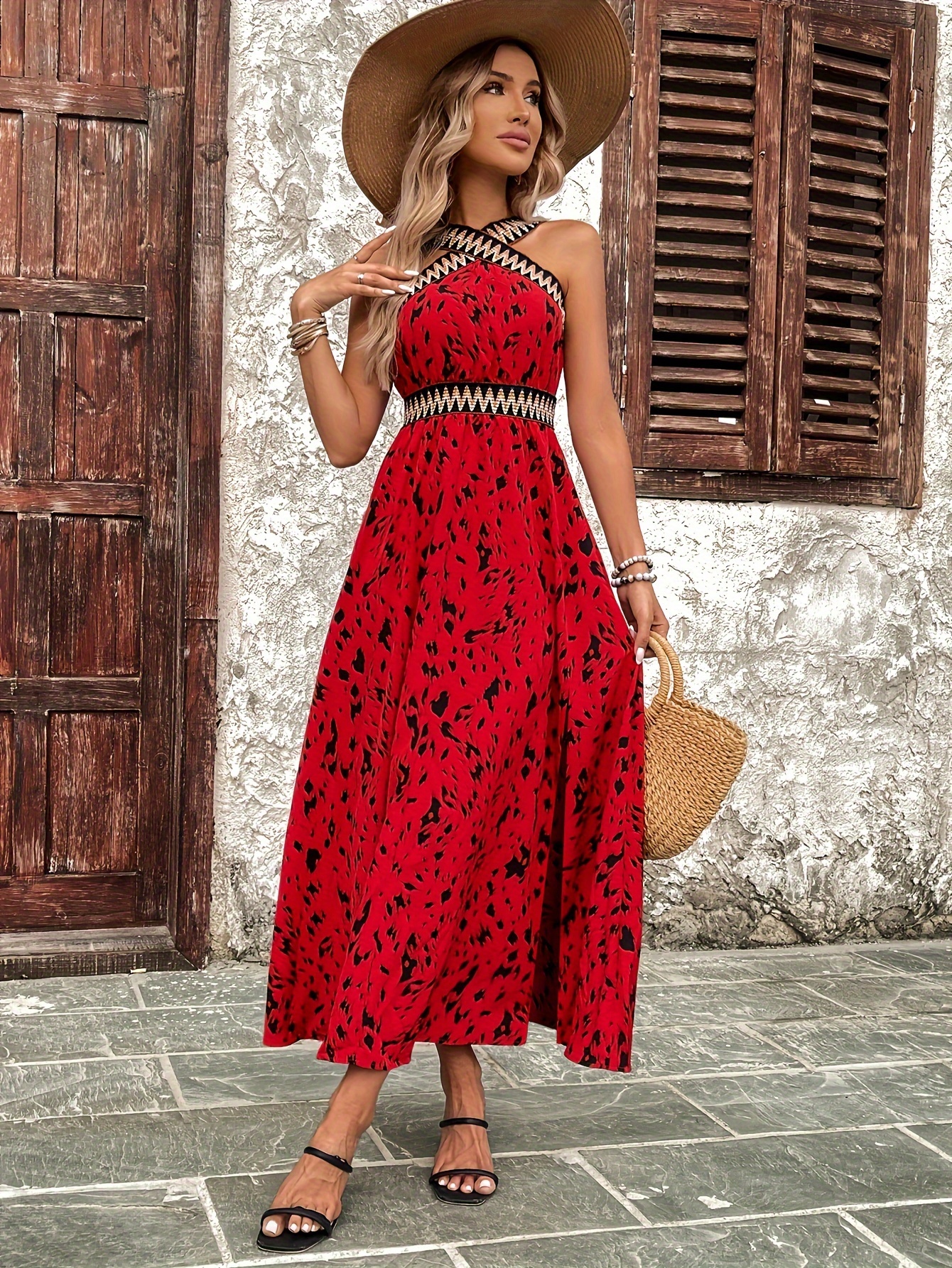 Contrast Tape Crisscross Halter Dress, Vacation Sleeveless Split Hem Waist  Dress, Women's Clothing