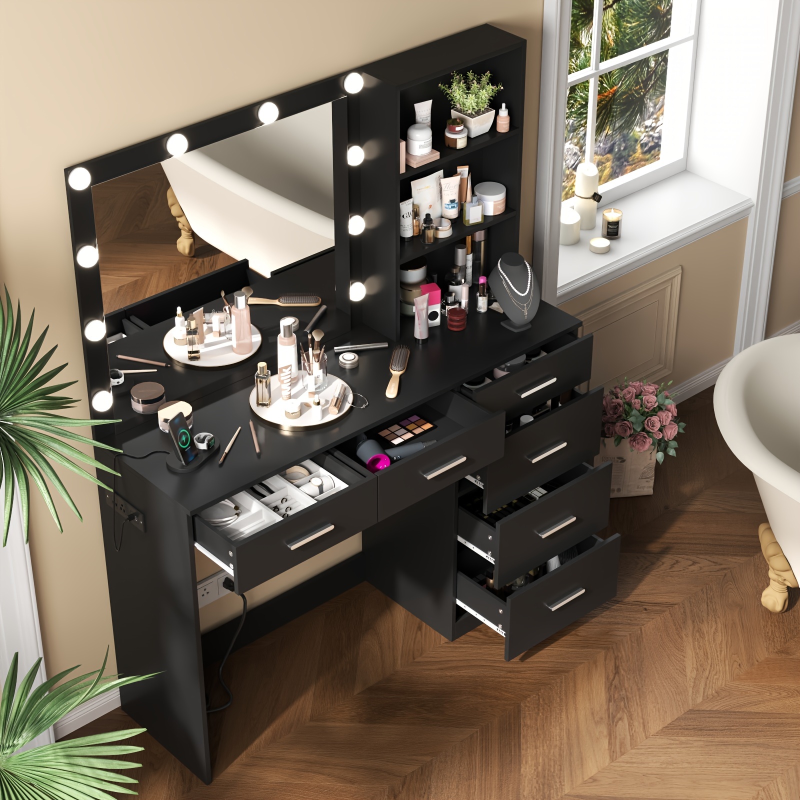 

Vanity Dresser With Mirror And 6 Drawers, Makeup Vanity With Lights