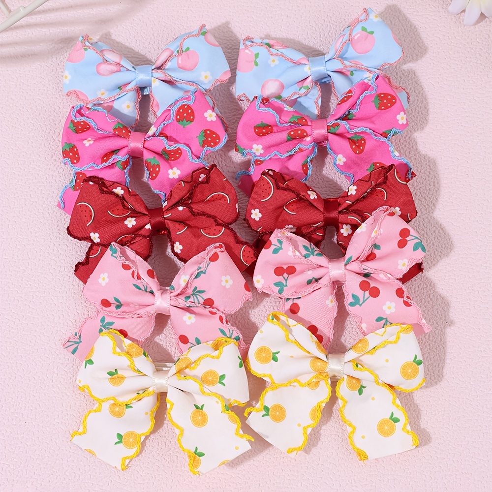 TEMU Lot de 10 pinces à cheveux à nœud avec imprimé de fruits - fraise, , pêche, citron - Nœuds en ruban - Accessoires de cheveux mignons pour et les