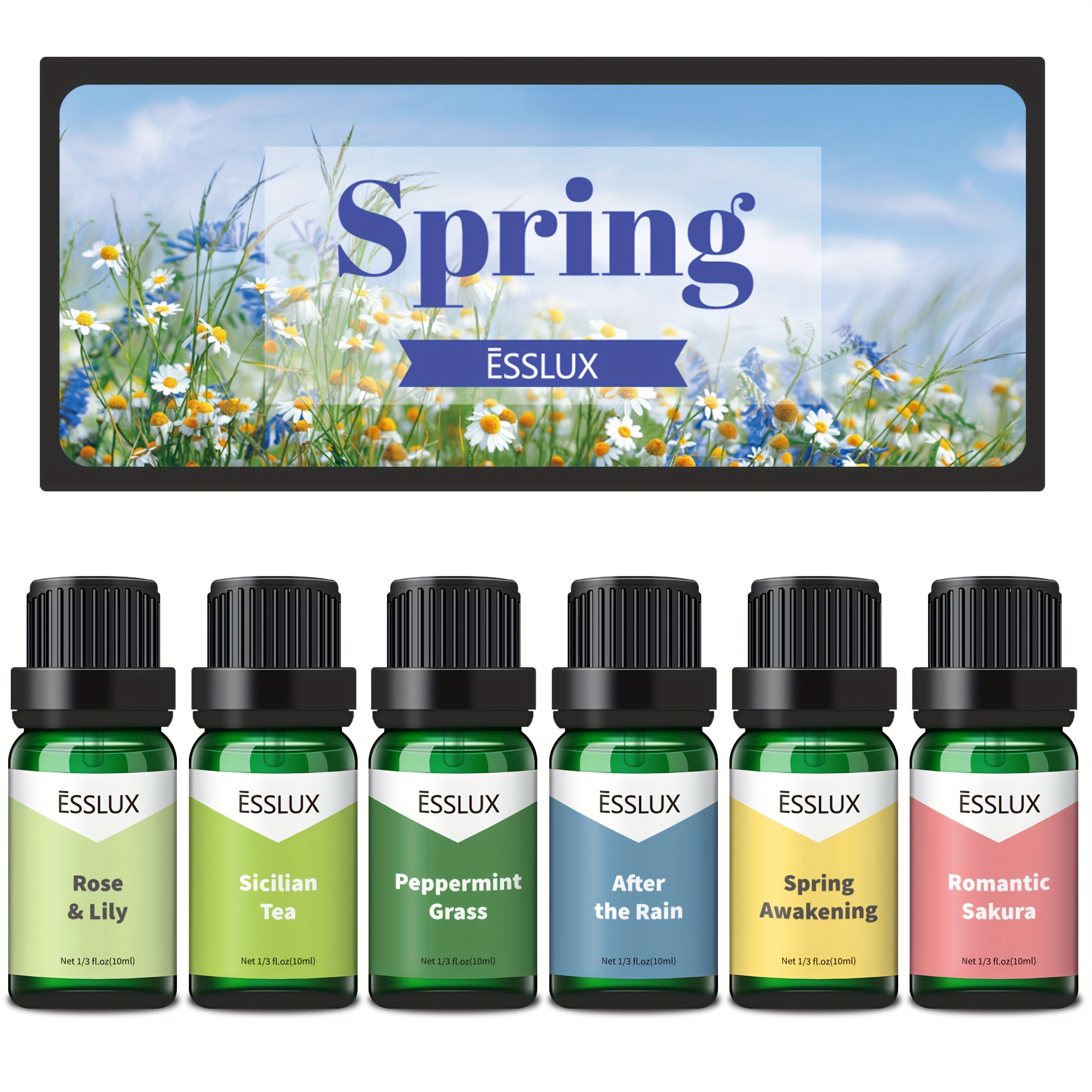 

Esslux Spring Essential Oil Gift Set - Refreshing Aromatherapy Scents For Home Diffusers & Candle Making, Includes Rose, Lily, Peppermint Grass & More, 10ml Bottles, Fragrance Oils With Spring