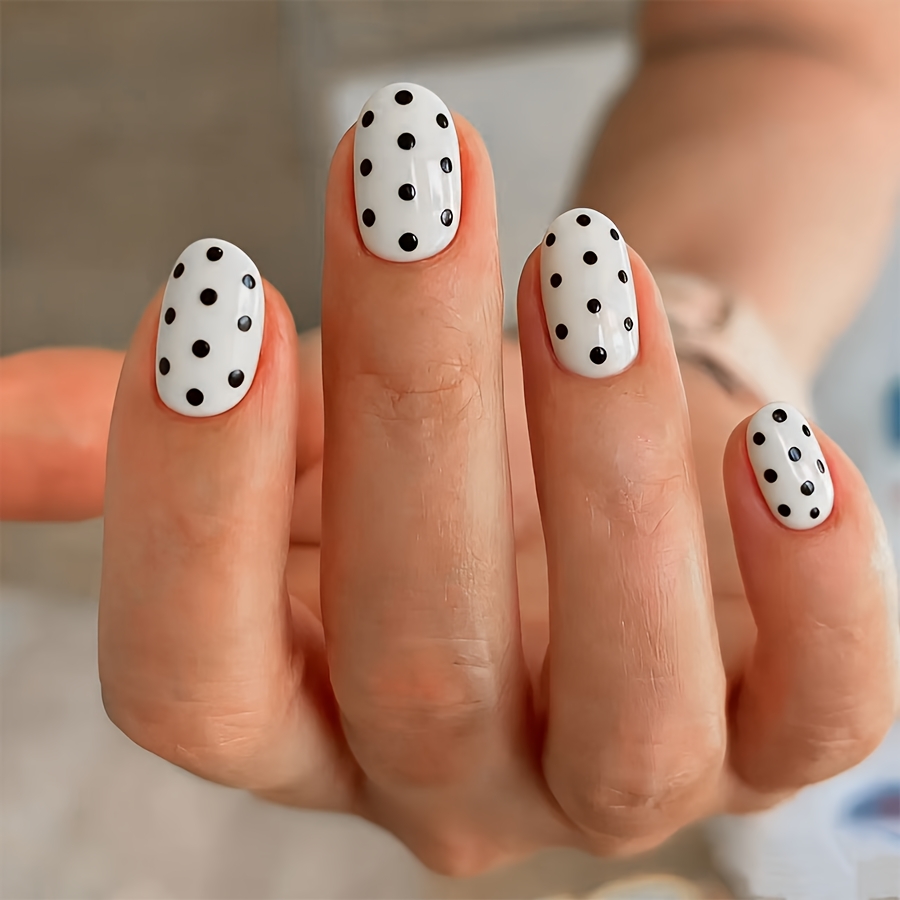 TEMU White Black Polka Dot Press On Nails Short Round Classic Fake Nails 24pcs Daily Wear