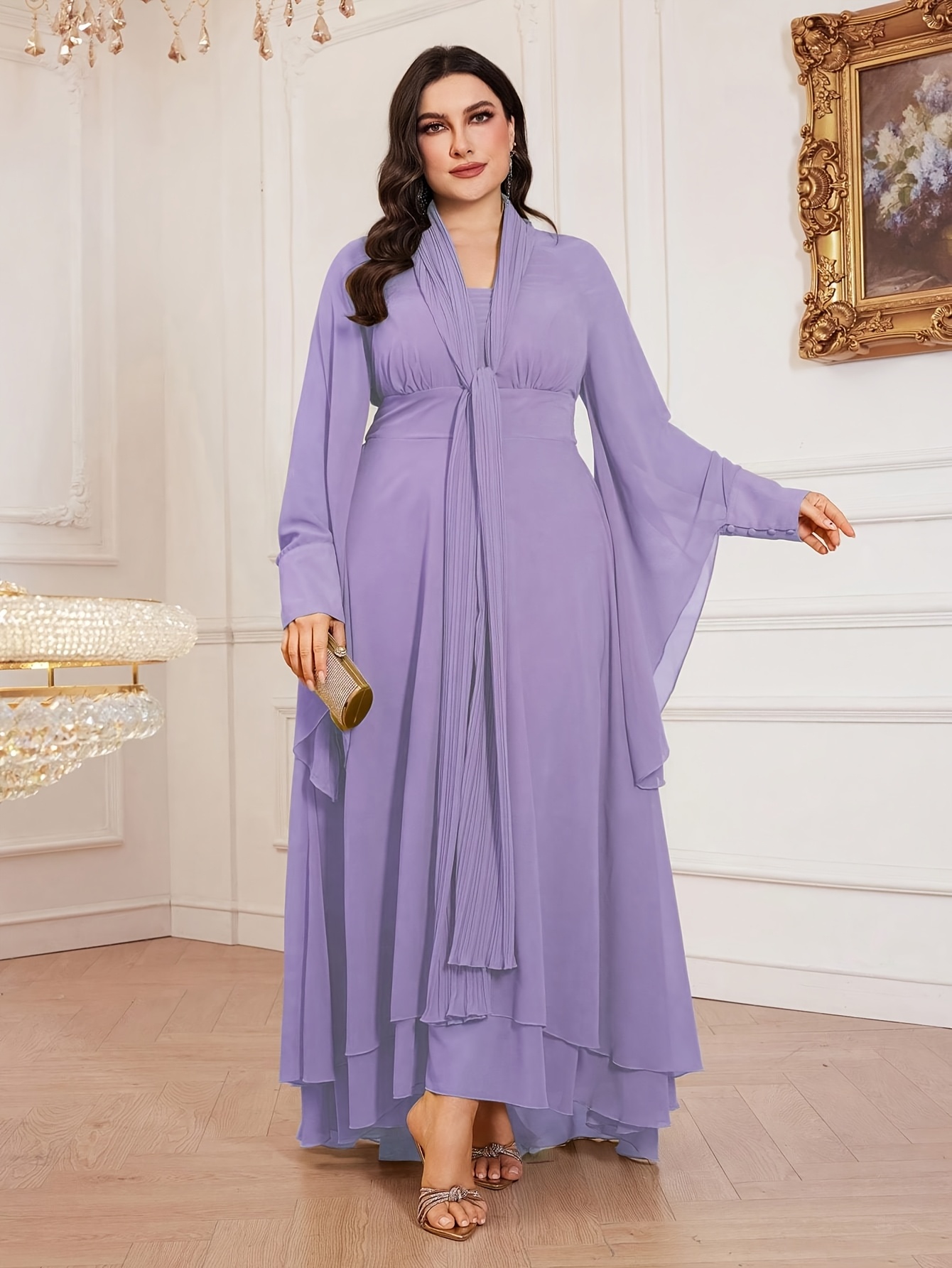 Toleien Lavender Long Sleeve Maxi Dress with Belt Flowy Hem,  Non-Stretch Fabric, Solid Color Casual or Formal Occasions, Casual
