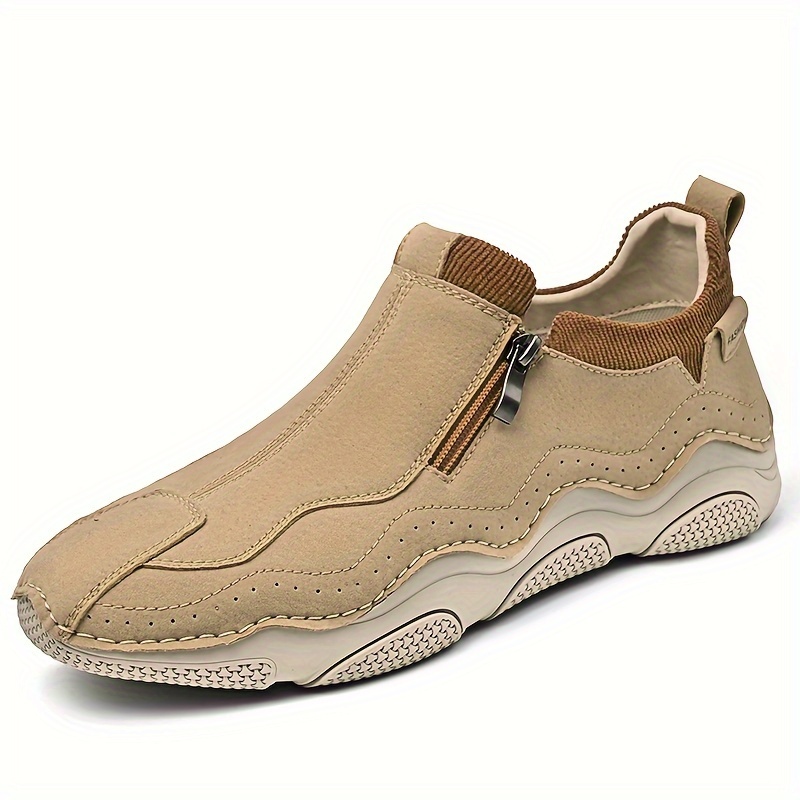 mens slip on casual sneakers breathable synthetic upper non slip rubber sole comfortable fabric lining zipper detail beige   outdoor sports casual attire 8