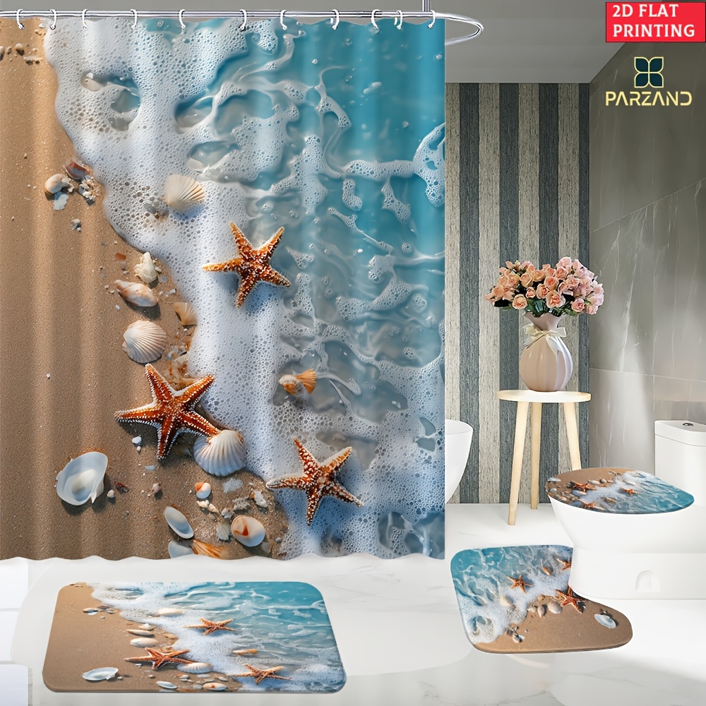 4pcs Starfish and Shells Shower Curtain Set with Bath Mat