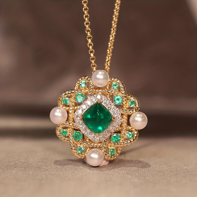 Image of Gorgeous Inlay Green Synthetic Zirconia Hollow Out Court Style Pendant Necklace For Women Banquets Parties Jewelry Accessories Sweater Necklace Luxurious Valentine's Day Gifts