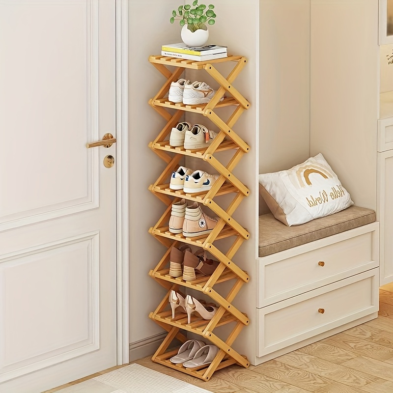 TEMU 7 Tier Foldable Bamboo Shoe Rack Narrow Multi Layer Shoe Shelf Sturdy Durable Extendable Space Saving Shoe Storage Organizer For Entryway Closet