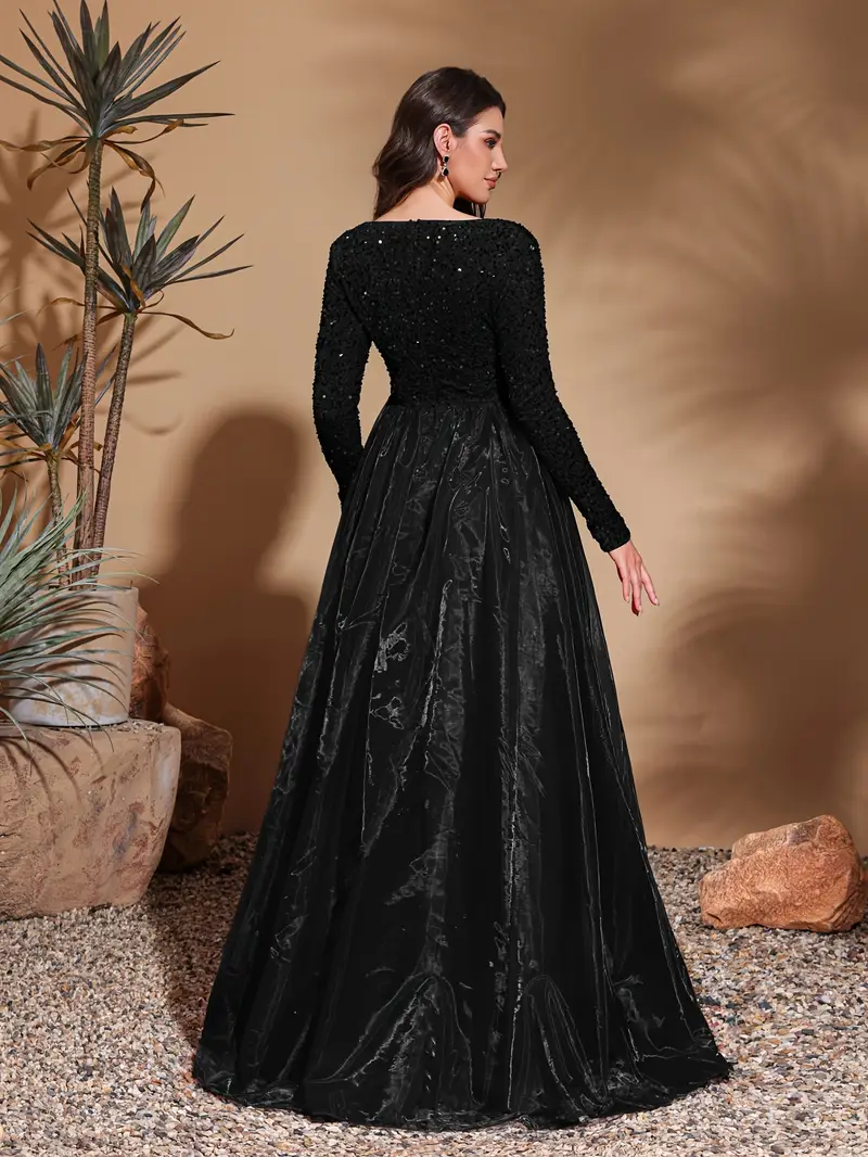 elegant black sequin long sleeve gown v neck perfect - Temu elegant black sequin long sleeve gown v neck perfect - Temu