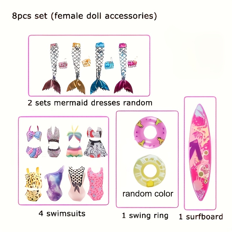 Image of H-8pcs Summer 11.5-inch Set, 4 Swimwear Sets, 2 Mermaid Dresses, Surfboard, Swim Ring, Set Toy(random Style, Random Color)
