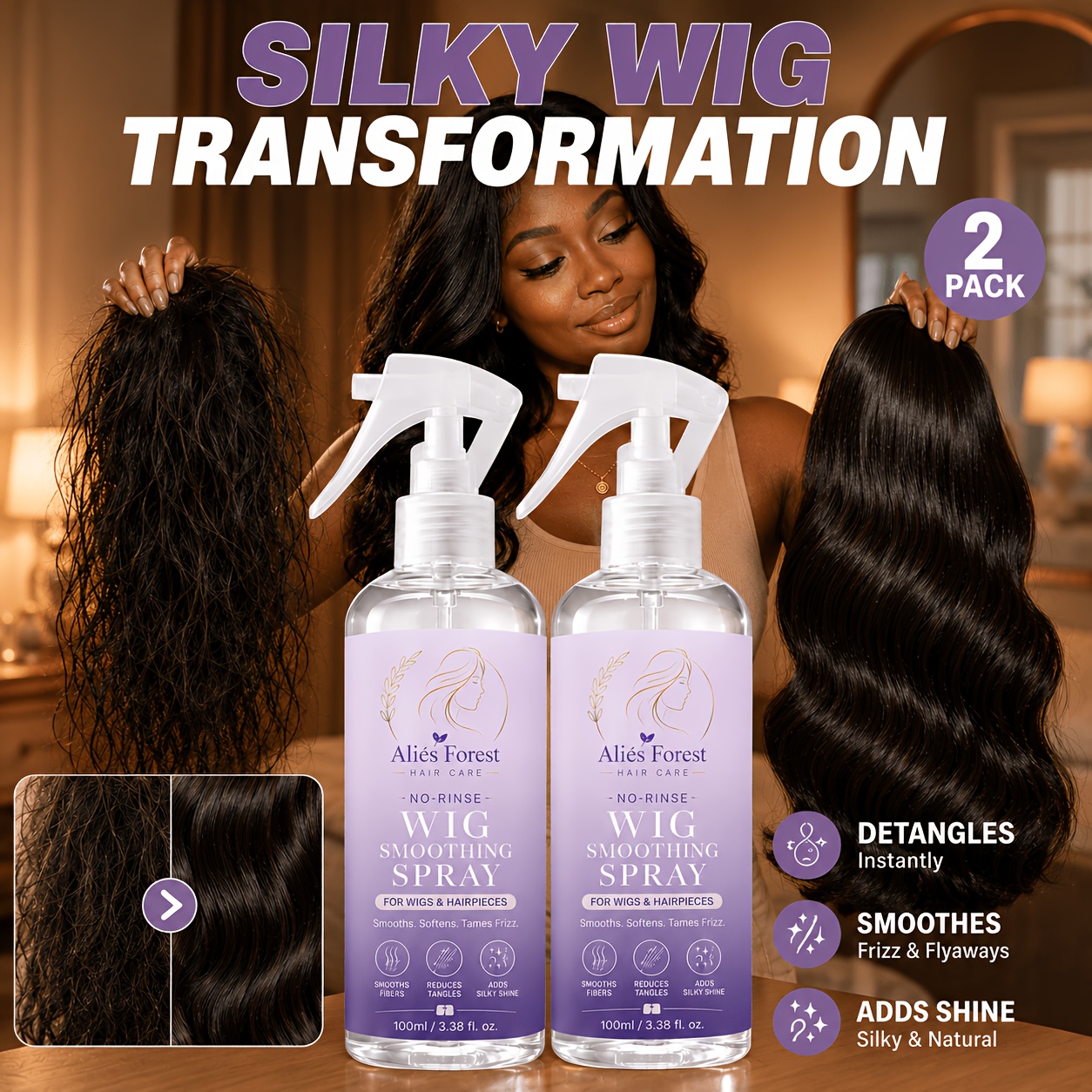 TEMU 2pcs Detangling Spray For Wigs & Hair - Instant 3- Remover, Anti-static & , Smooth & Shiny, Portable Travel Size, No-wash Styling Essential