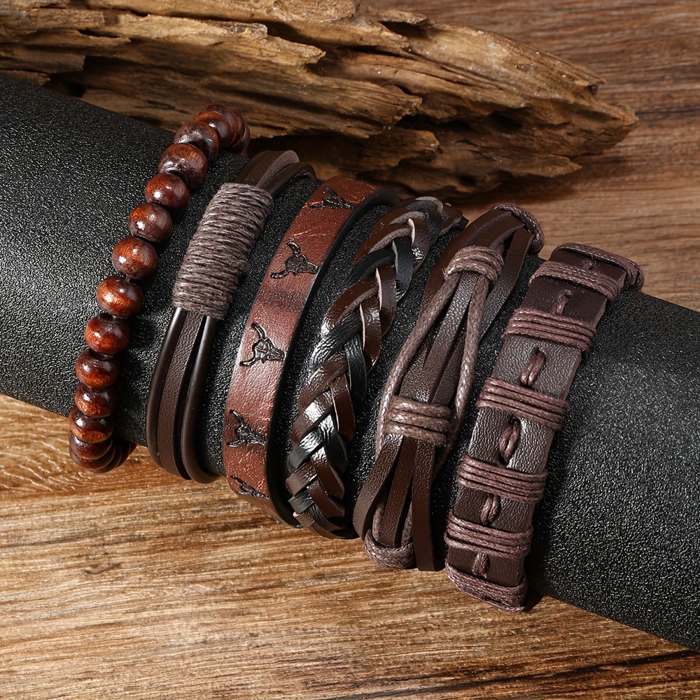 6pcs Vintage Men's Faux Leather Bracelet Set