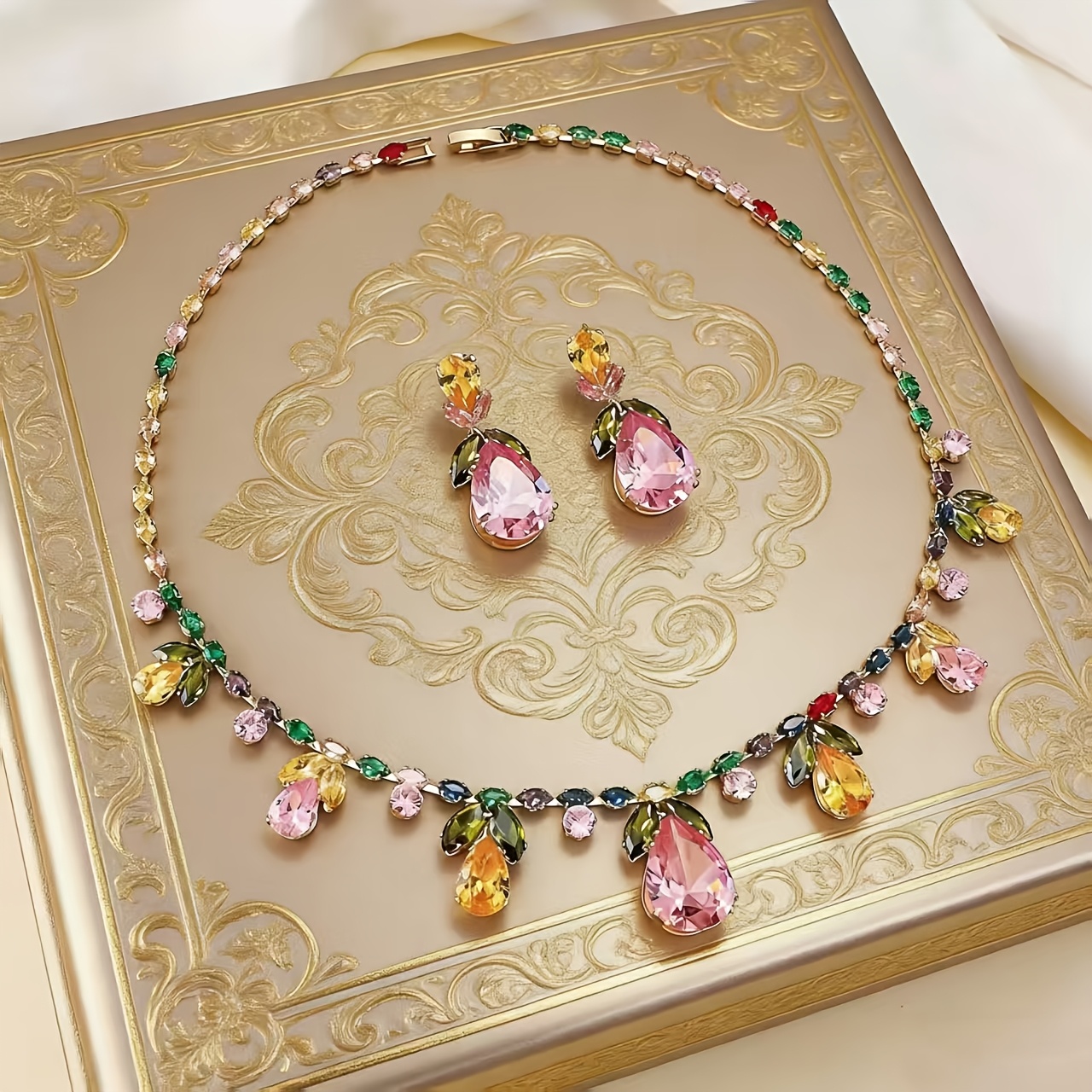 TEMU Ensemble de 2 pièces de collier et boucles d'oreilles de mariée avec fleurs colorées, fabriqués à partir d'une base de cuivre hypoallergénique
