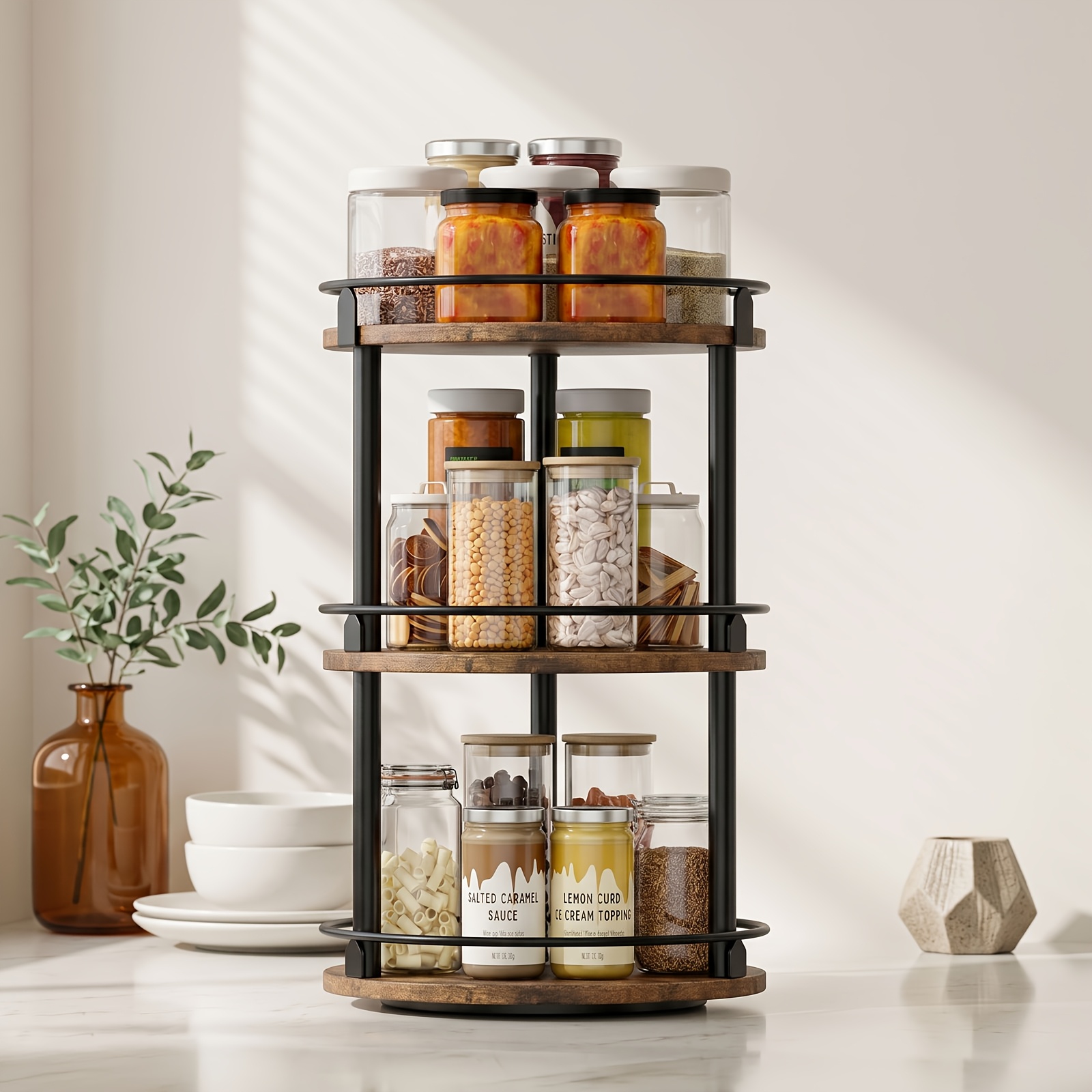 Image of 3-tier Large Capacity Rotating Spice Rack, Smooth 360 Degree Access Lazy Susan Organizer, Space Kitchen Storage With Durable Wood And , Kitchen Turntable Organizer For Countertop Cabinet