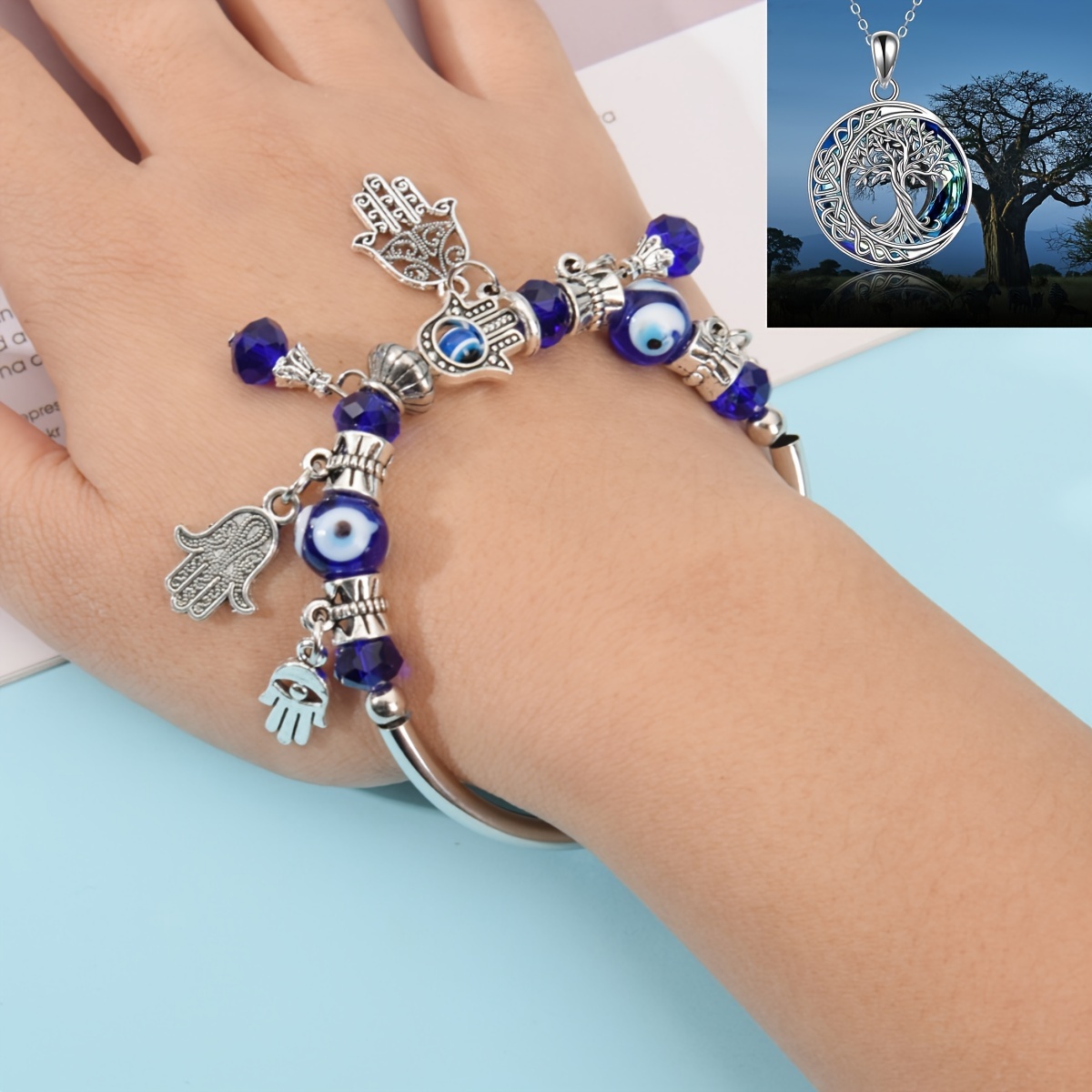 

2pcs/set Bracelet Necklace Eye Good Luck Talisman Tree Of Life