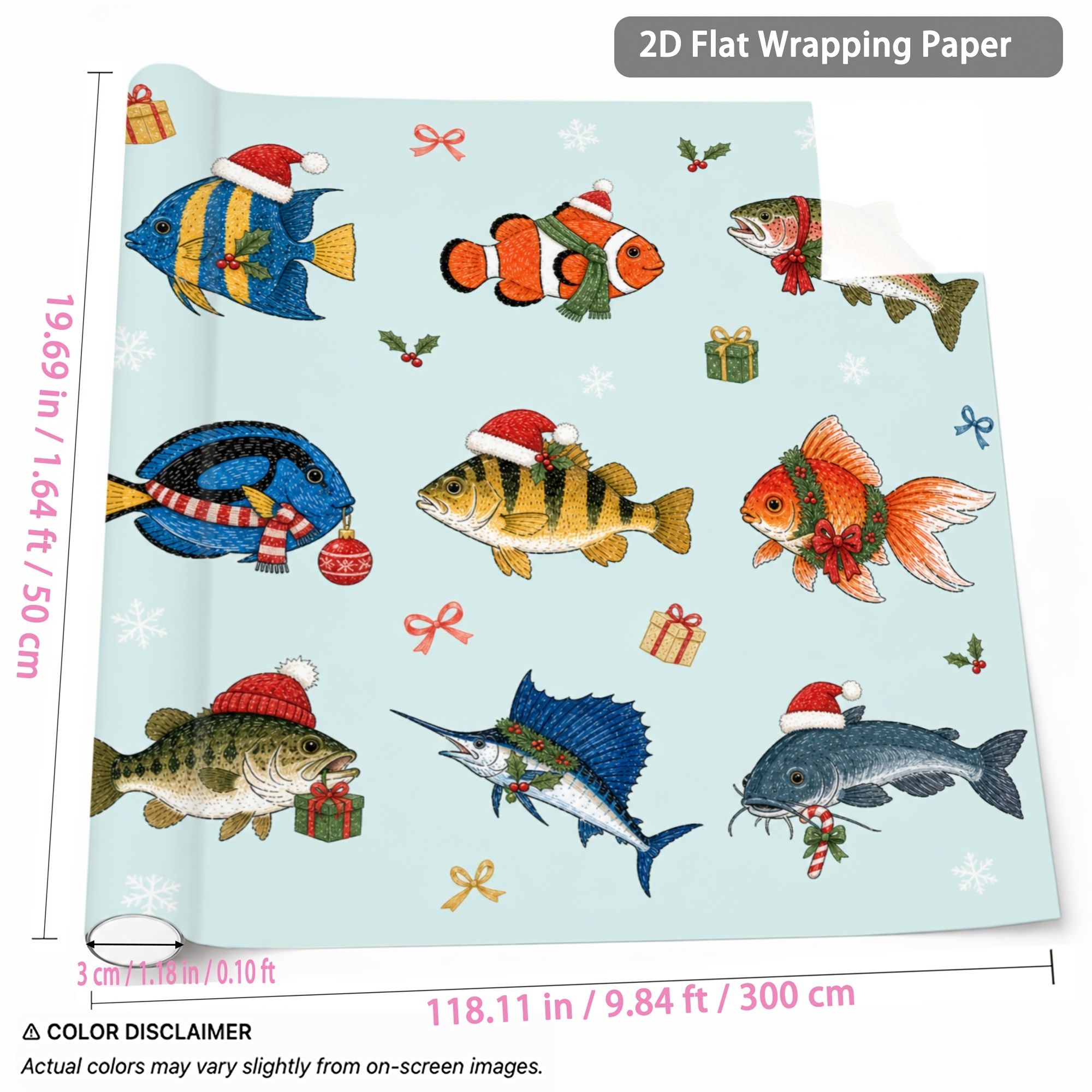 TEMU 1 Rouleau de 1,64ft X 9,84ft à Motif de Poissons Océaniques de Noël pour Emballage de Cadeaux, Décoration de Fête d'Année, Nouvel An,