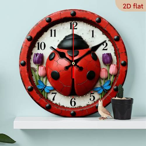 a 10x10 inch silent wall clock designed for nurseries featuring a ladybug motif with floral accents its a nursery bedroom office or living requires one aa battery which is