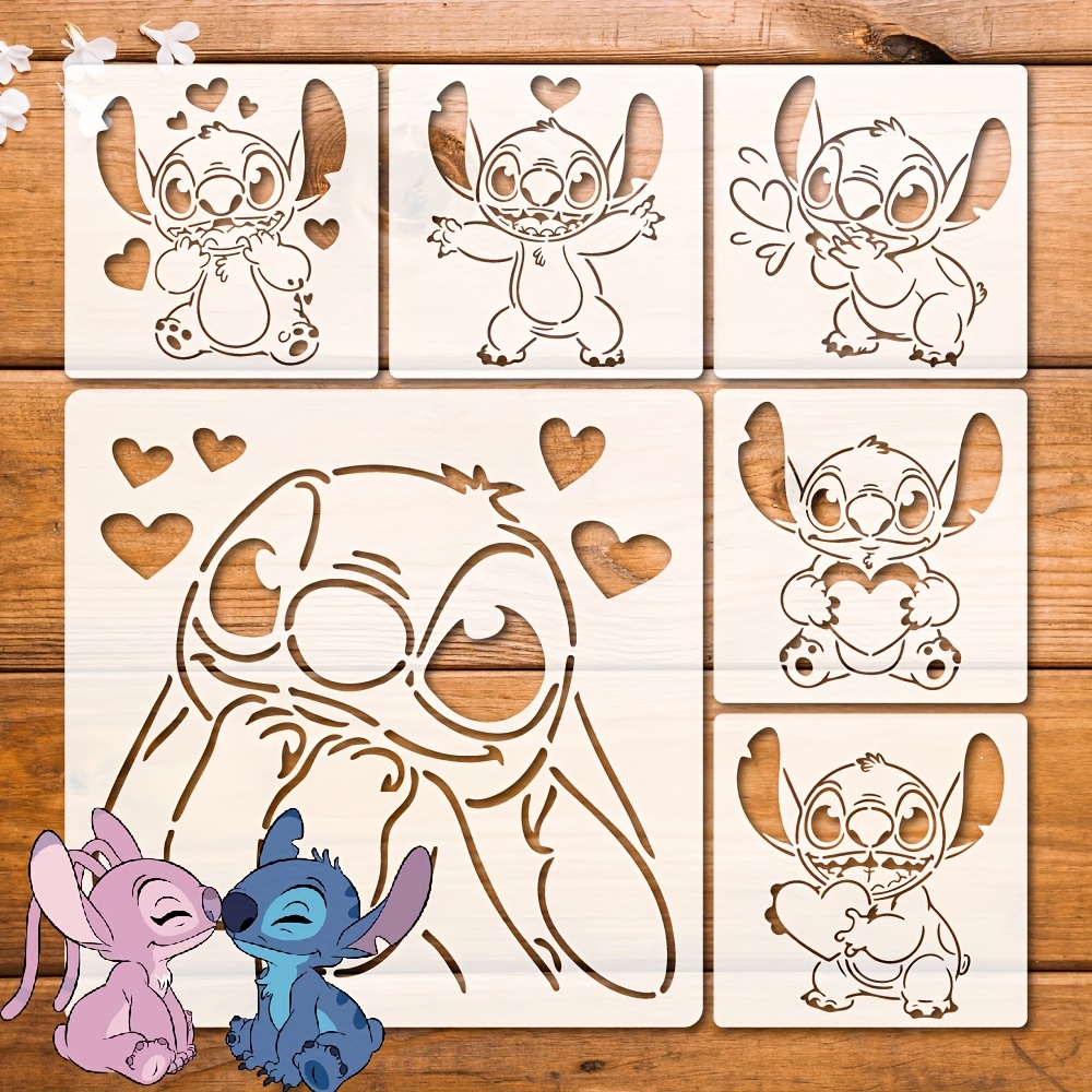 E-shop 6-teiliges Lilo & Stitch-Themen-Schablonen-DIY-Bastelset, wiederverwendbare Form mit Stitch-Herzmuster, geeignet für Wanddeko, Heimtextilien,