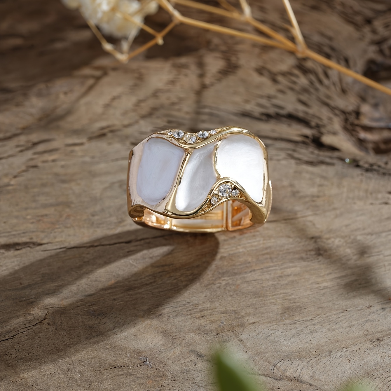 Women's Cringcoco Golden Plated Wavy Wide Statement Ring