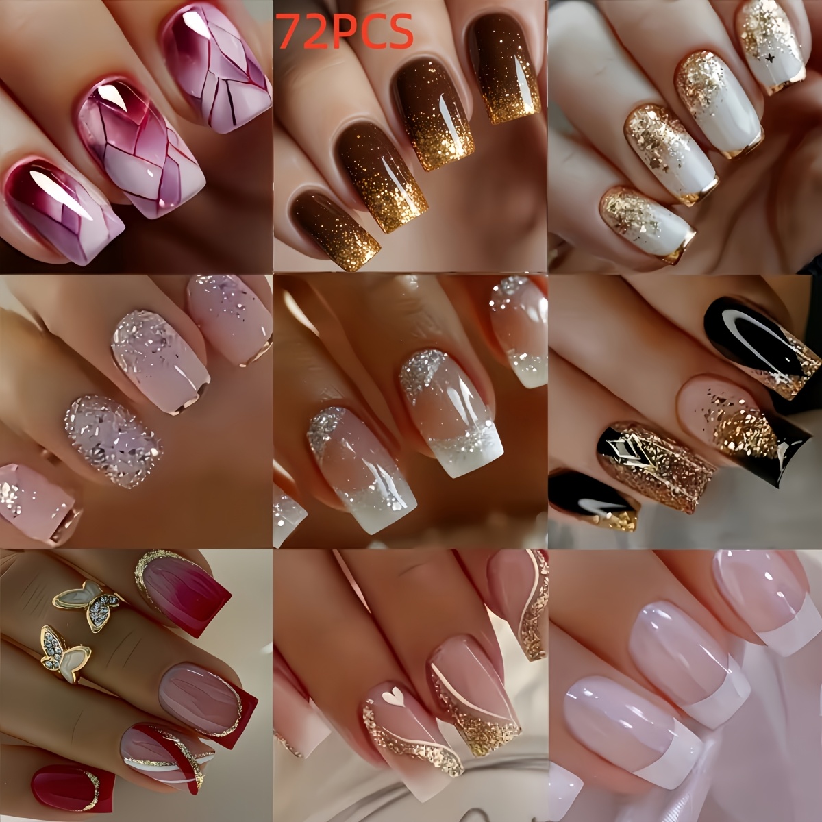TEMU 72pcs Press-on Fake Nails, Any 3 Patterns Of Different Colors From The List, Gradient, Glitter Square Press-on Fake Nails, Glossy Shiny Simple