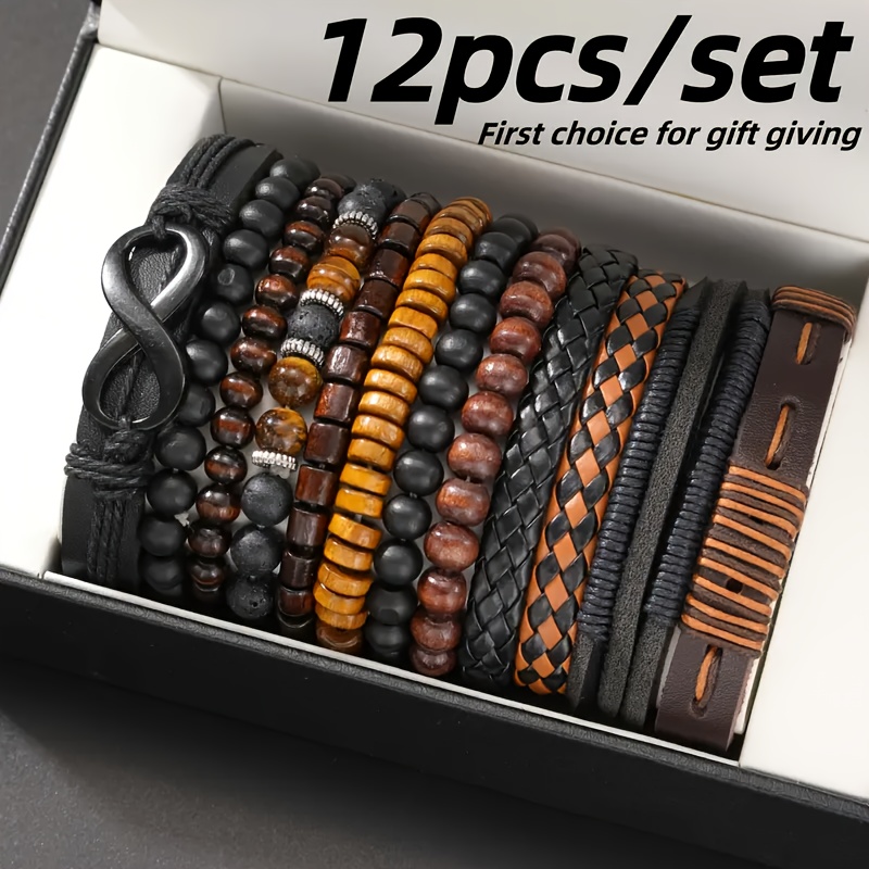 TEMU 12 - Piece Retro - Style Men's Bracelet Set With Braided Leather, Eye Beads And Synthetic Rope - A For Valentine's Day Gift For , Perfect For