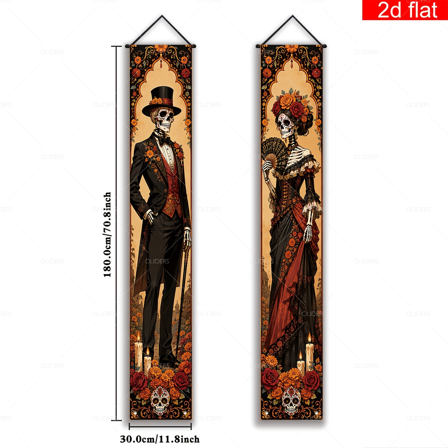 TEMU 2d Flat, 2d Flat - 2d Flat, 2d Flat - 2d Flat Banner, 2pcs Mexican Front Door Porch Banner, Polyester, Top Hat, Dress, , Rose, Candle, Candy