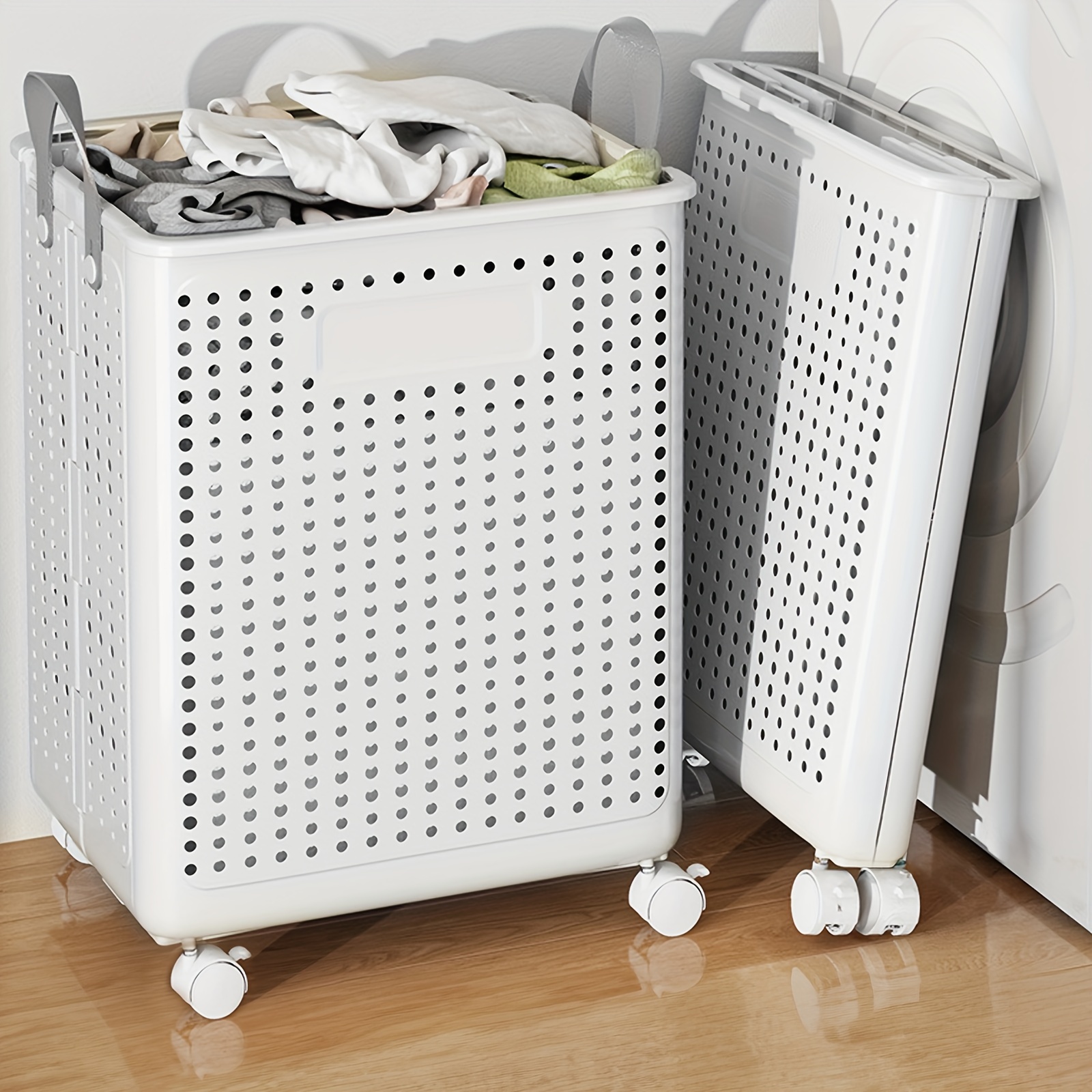 

1pc Large Laundry Basket, Foldable Laundry Hamper With Breathable Holes, Spacious Rolling Storage Basket On Wheels, Portable Storage Basket For Laundry, Bathroom, Balcony, Clothes, Snacks, Toys