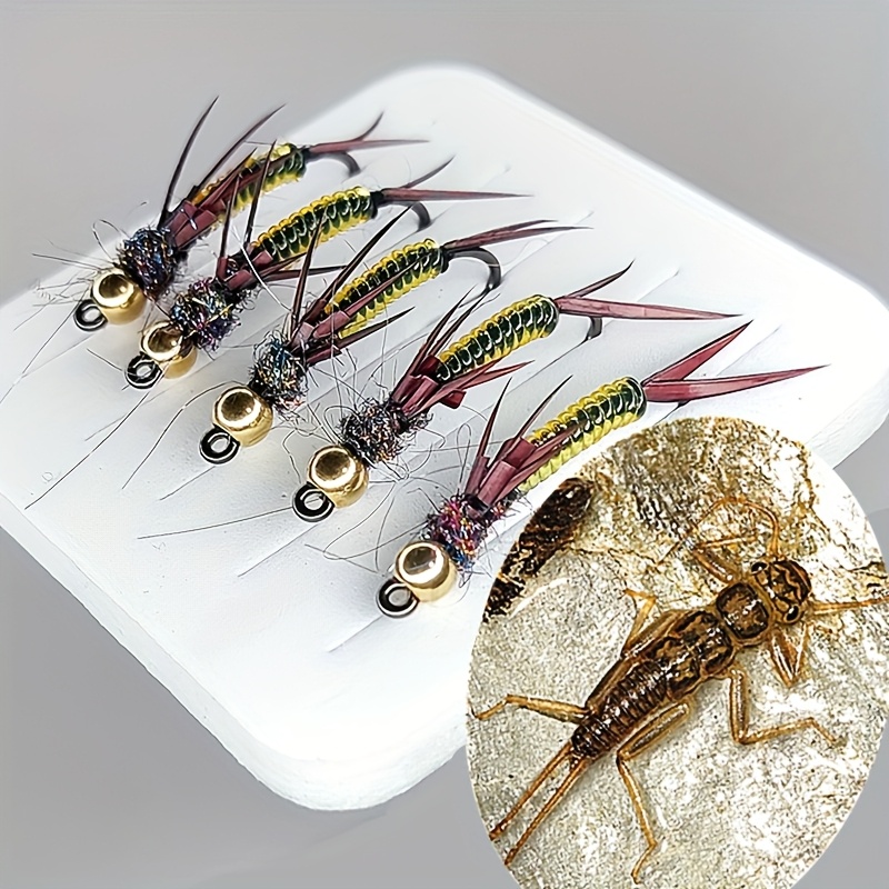 

5pcs Appâts de Mouche Larves de Pierre Réalistes - Coulant , Mouche de Pêche à la Truite et à Douce Multicolore avec Design Réaliste - Idéal pour les Pêcheurs