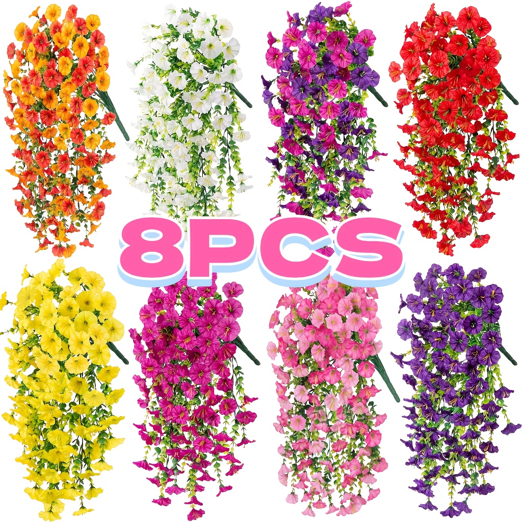 8pcs artificial   plant outdoor   flowers white pink red yellow orange   purple no maintenance required multifunctional uv resistant hanging vines for home decor patio porch garden artificial flowers for outdoors porch decoration vibrant floral display realistic plastic flowers