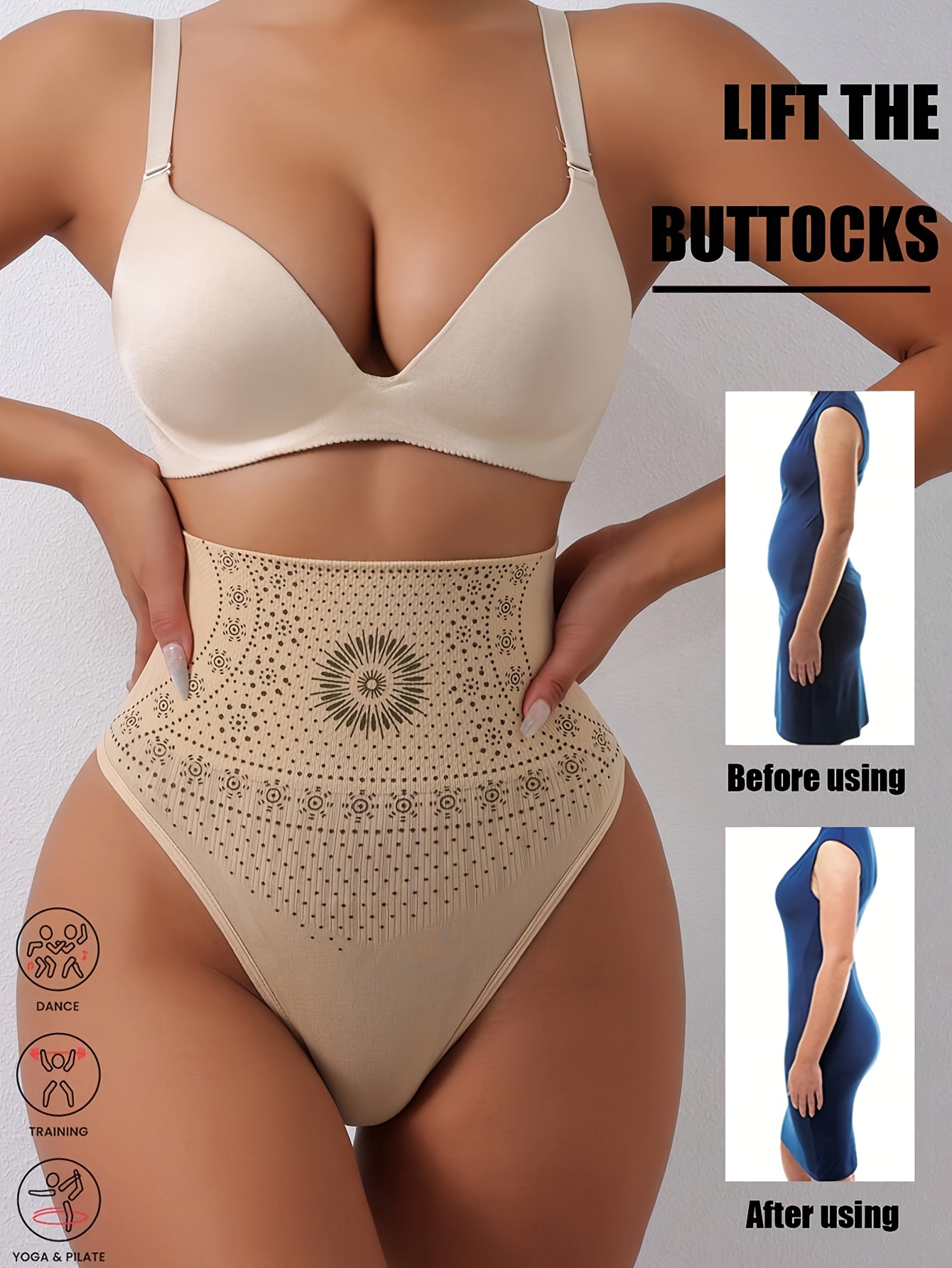 1pc Women's High-Waisted Shaping Thong - Dot Geometric Pattern Fabric Tummy Control Butt Lifter, Medium Compression for Curvy Body, Travel-Friendly (Black & Beige), Curve Enhancement, Elegant Undergarment, Texture, Nontransparent Fabric, Travel Underwear, Stylish Undergarment, Breathable Material, Seamless Panty, Travel Essentials