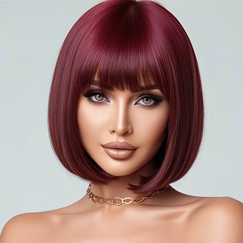 Image of 12-inch Short Fringe Synthetic Fiber Wig, Wine Red, Suitable For Halloween, Role-playing, Festival Parties And Special Occasions