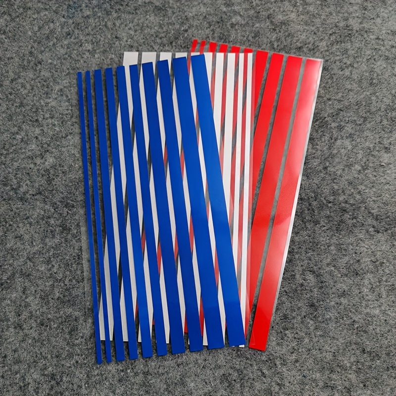 Image of Multiple Sizes Of Blue, White, And Red Color Stickers For Radiator Grille, Striped Set Of Grille Stickers, Cooler Grille Stickers, Rearview Mirror Stickers, And Steering Wheel Centering Label Stickers