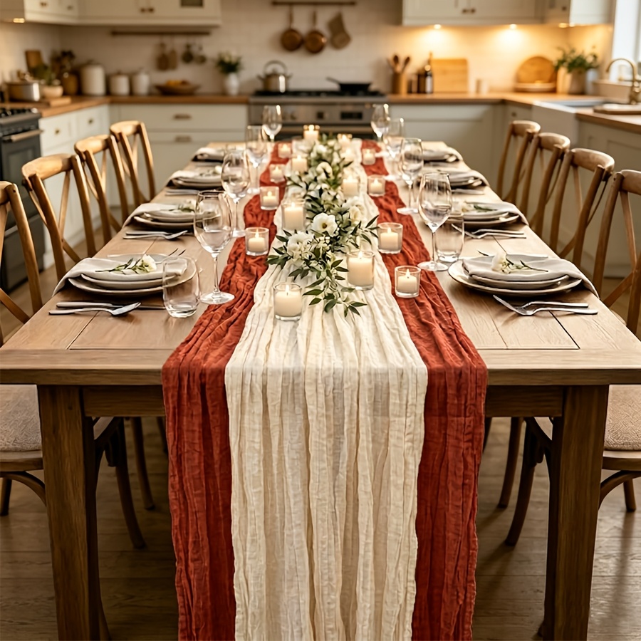 TEMU 2pcs Red Earth And Beige Cheese Cloth Table Runners, 35x118 Inches Cheese Cloth Bohemian Gauze Wedding Bride Baby Shower Table Runner Table