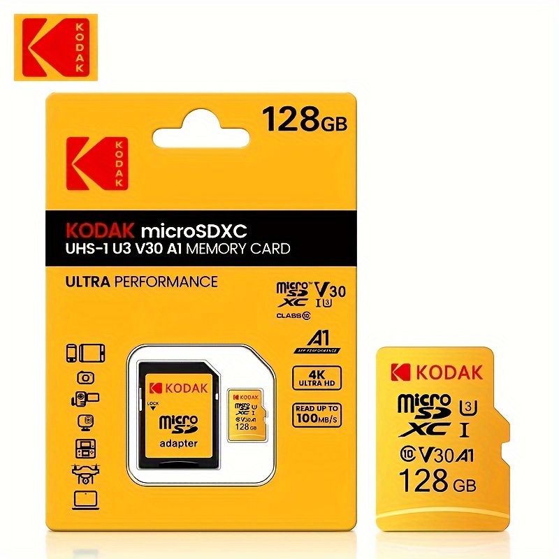 KODAK Micro SD Memory Card 128GB Class10 U1 UHS-I 32GB 64GB TF Card for 4K HD microsd Stick pen with SD adapter retail package