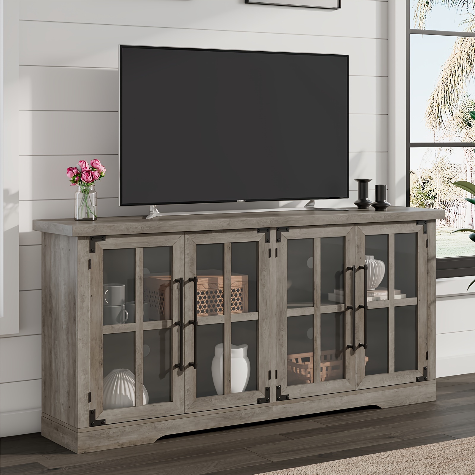 

63" Farmhouse Tv Stand With 4 Glass Doors, Modern Buffet Sideboard Cabinet With Storage, Entertainment Center With Adjustable Shelf For Tv's Up To 75