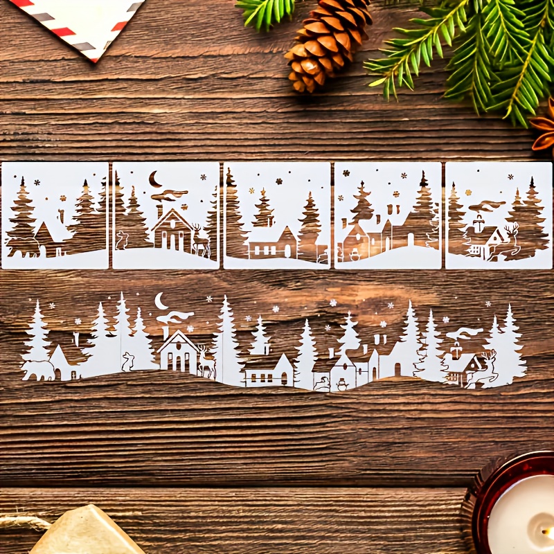 TEMU 5pcs Modèle - Modèle de Peinture Réutilisable de Village de Noël, 5.9X5.9 Pouces, Modèle de Peinture PET, Convient pour Murs, Fenêtres, Papier,