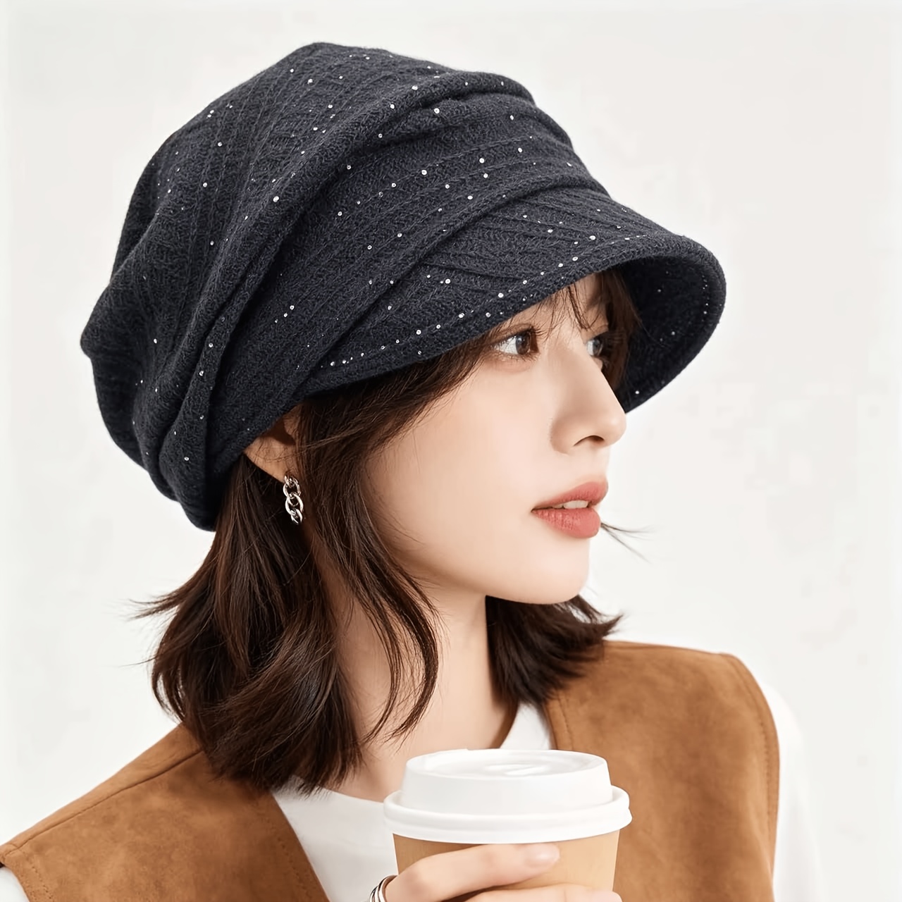 TEMU 1 Casquette Newsboy Plissée pour Femme, Bonnet Ample Style Slouchy d'Extérieur Automne/Hiver, Doux et Pliable