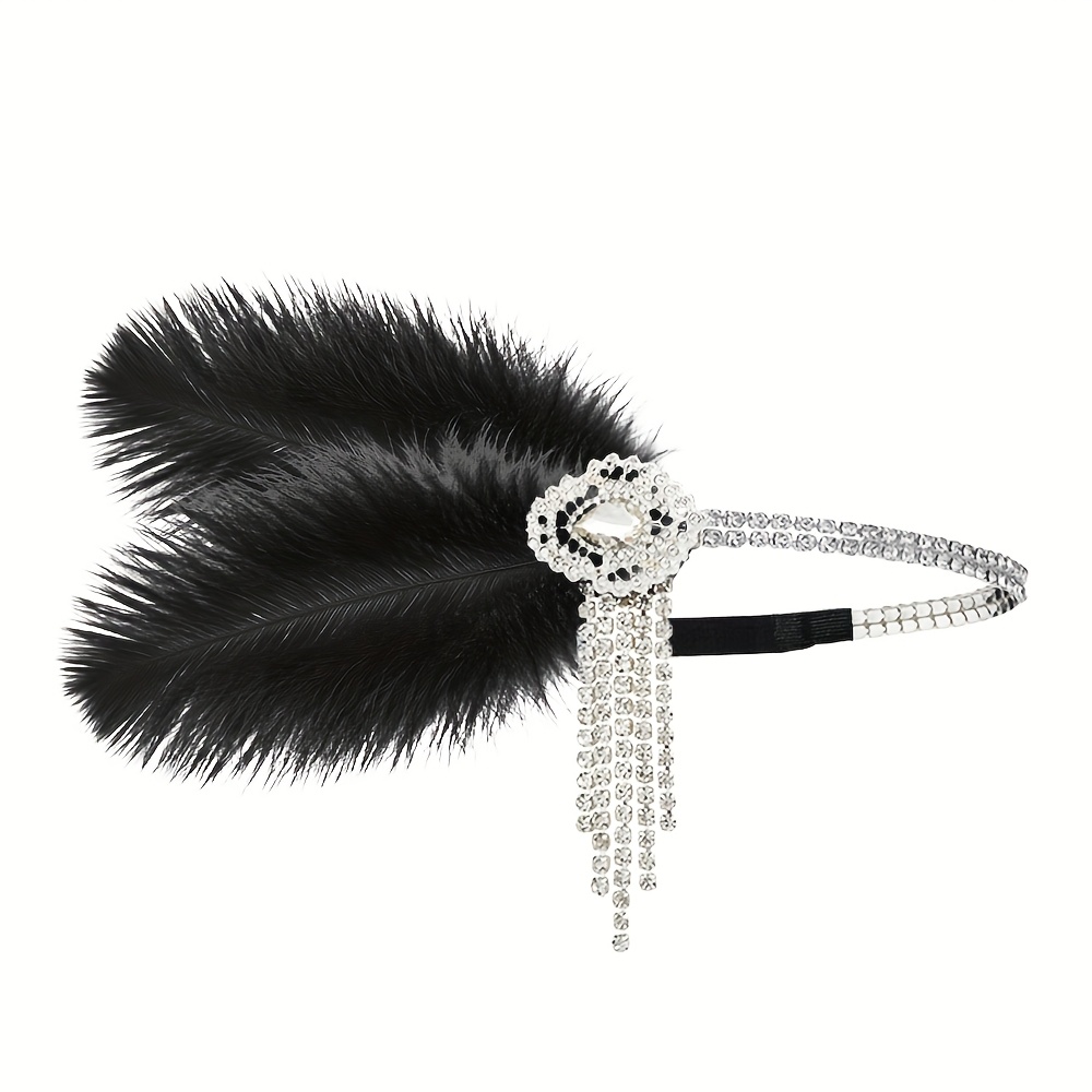 D 1pc 1920s Art Deco Dual-tier Headpiece - Crystal Strands And Feather Accents For Vintage Halloween