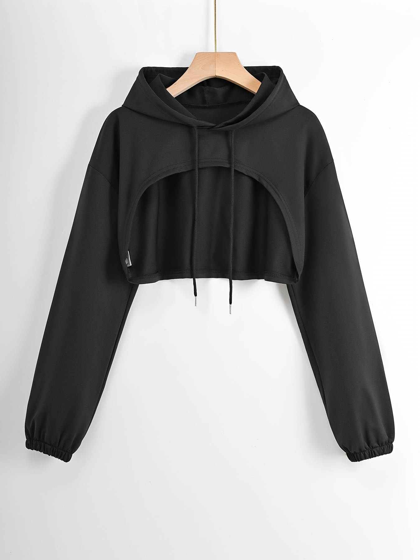 Women Black Curved Cut front Super Crop Hoodie Drop Shoulder Street Style  Crop Hooded Sweatshirt