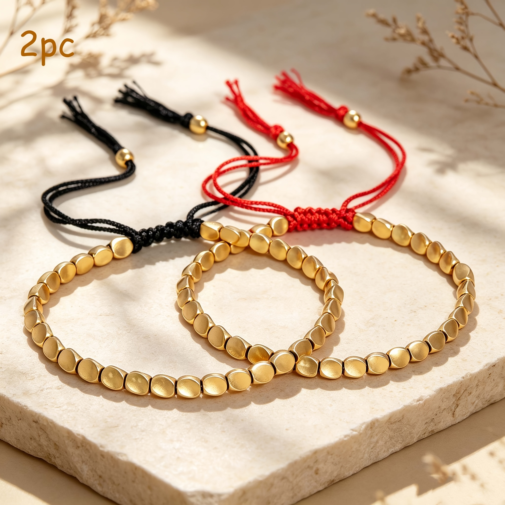 TEMU Juego de 2 pulseras trenzadas étnicas vintage de cuentas de cobre irregulares tejidas a , con cordón de cuerda y negra con cordón de ajuste,