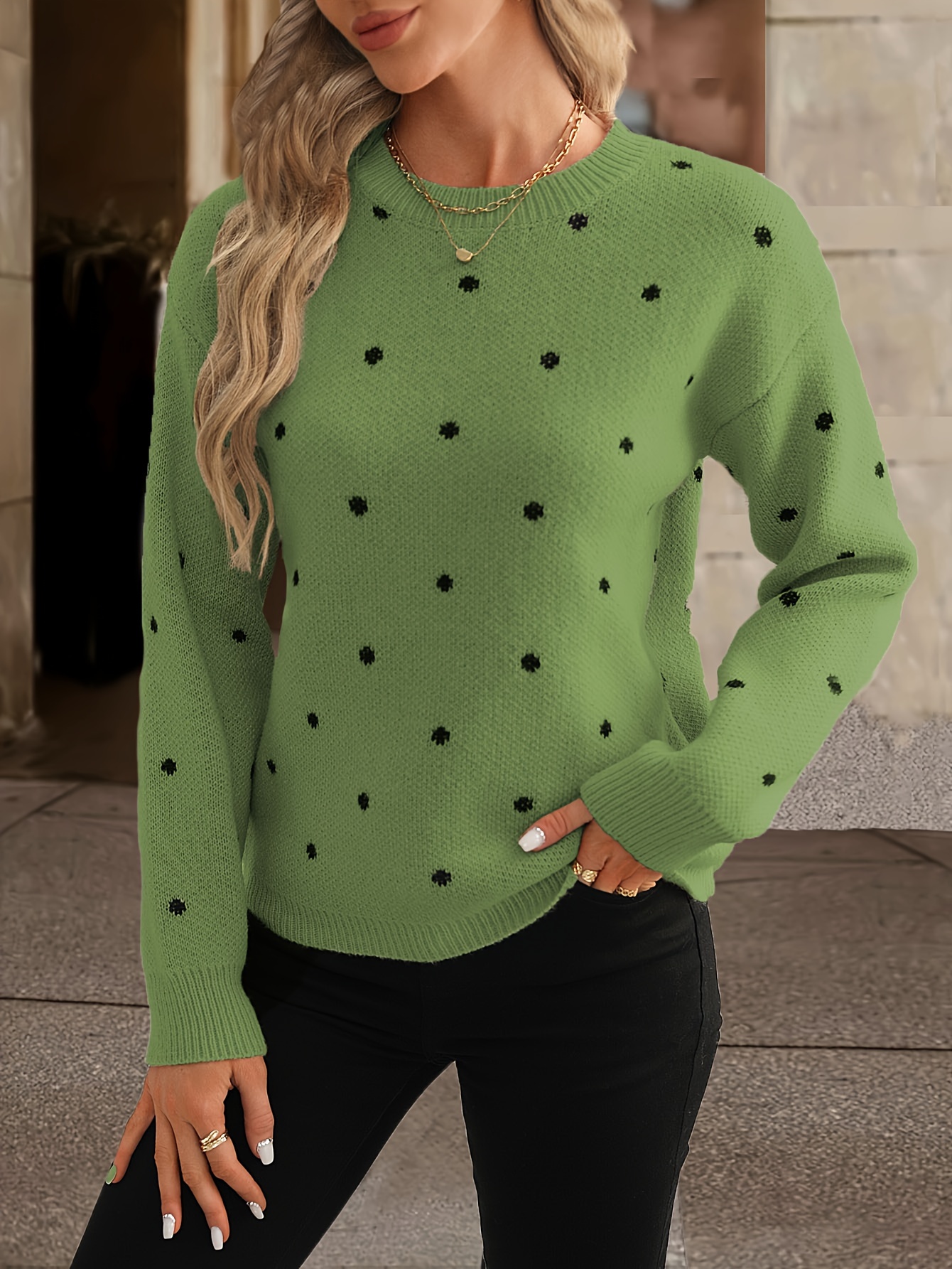 polka dot crew neck pullover sweater elegant long sleeve Temu United Kingdom