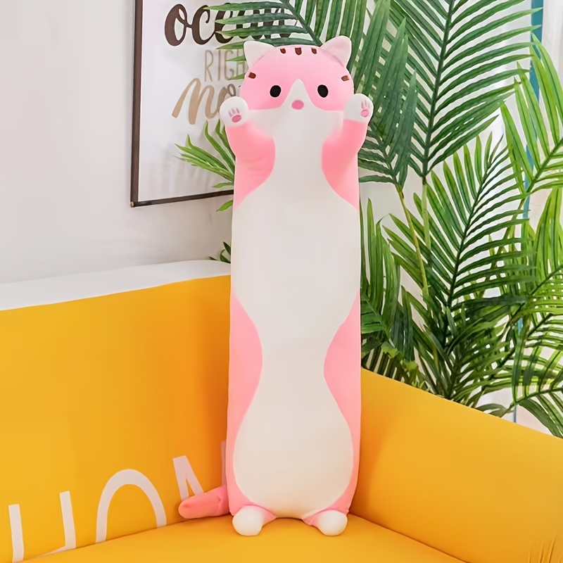Длиннохвостаяплюшеваяигрушка-кошка,серая/розовая/желтаякуклаизполиэфирноговолокна,подушкадляленивогосна,рождественскийиновогоднийподарок