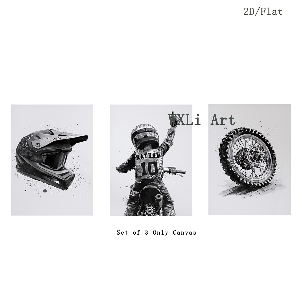 TEMU 2d Flat, 2d/flat Set Of 3 Personalized Off-road Motorcycle Printing, Customized Name/number, Off-road Motorcycle Wall Decoration, Living Room,