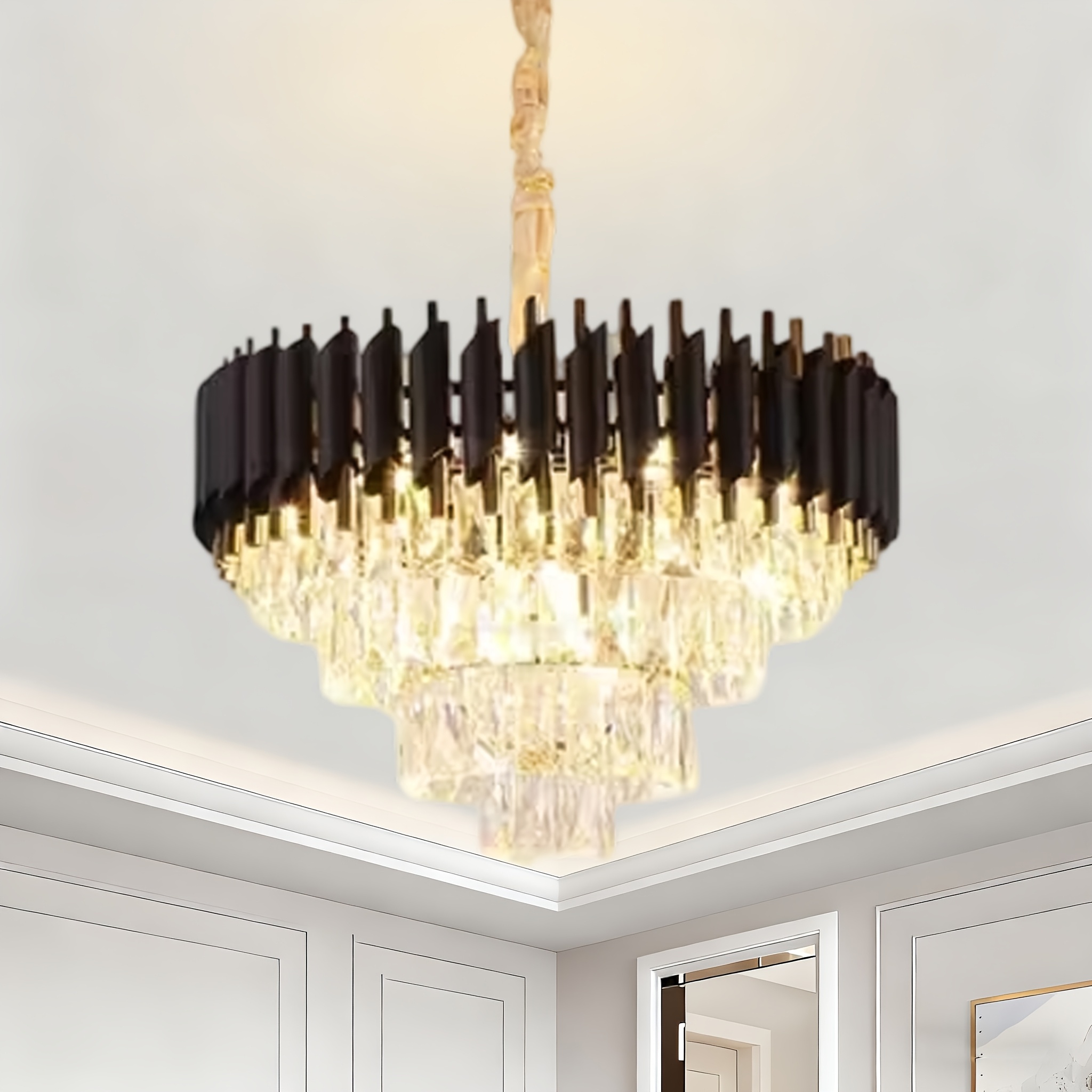 Modern Crystal Chandelier 19.69" Black And Golden Chandelier Round Crystal Chandelier 3-tier Modern Pendant Lighting For Dining Room Living Room Bedroom Foyer