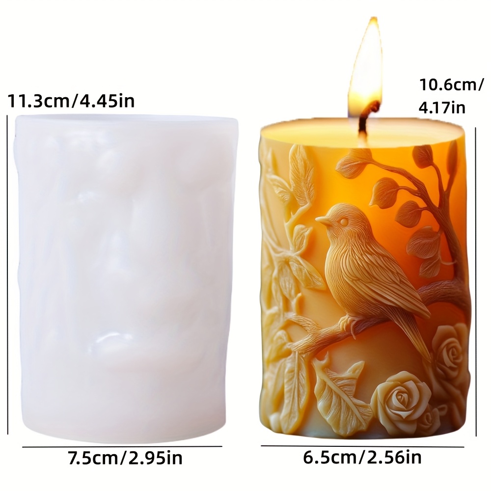 Image of Resin Casting Molds Bird Branch Relief Cylindrical Candle Silicone Mold Crow Leaf Branch Resin Silicone Mold Rose Flower Relief Cylindrical Concrete Cement Gypsum Silicone Mold