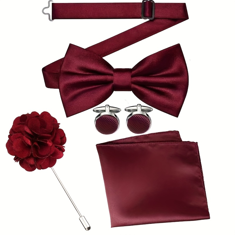 TEMU Men's Fashion Elegant Solid Color Bow Tie And Pocket Square With Rose Tassel Badge Cufflinks Set For Weddings, Dates, Parties Best Gift For
