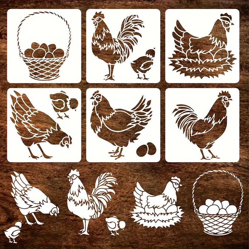 

6pcs Roosters, Hens, Chicks, Eggs 5.9x5.9inch Reusable Rooster And Garland Drawing Stencil Diy French Rooster Decoration Template Farm Animal Stencil For Painting On Wood, Wall And Furniture