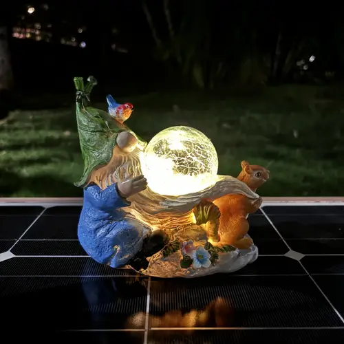 1pc solar garden gnome decor outdoor gnomes sculpture with led lights outdoor spring gnome statue with squirrel for patio yard lawn porch