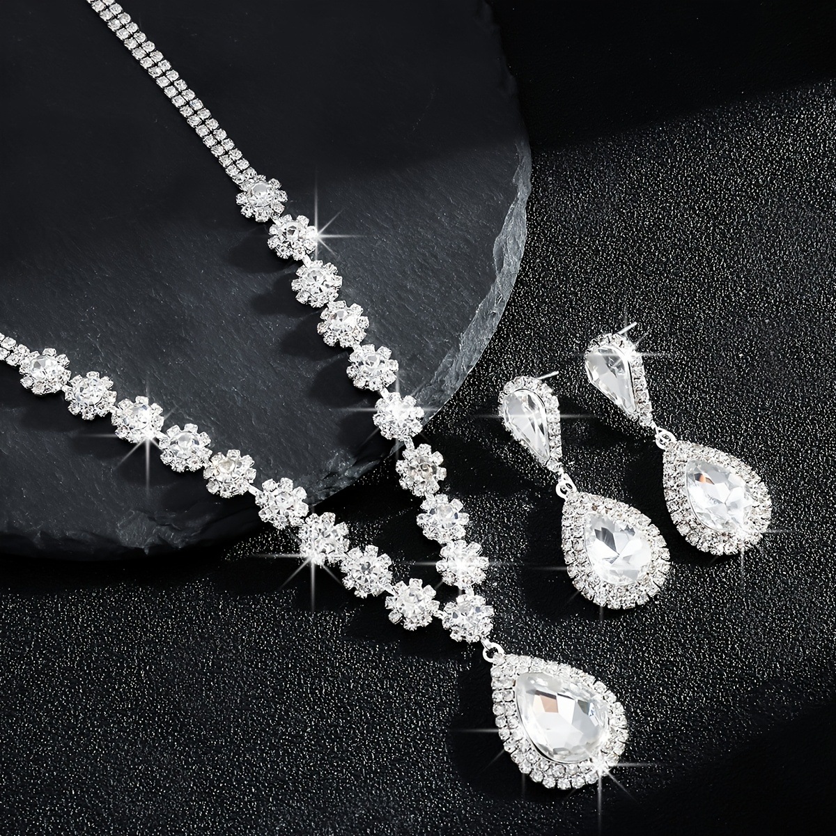Crystal Flower Water Drop Necklace Earrings Set Bridal Accessory
