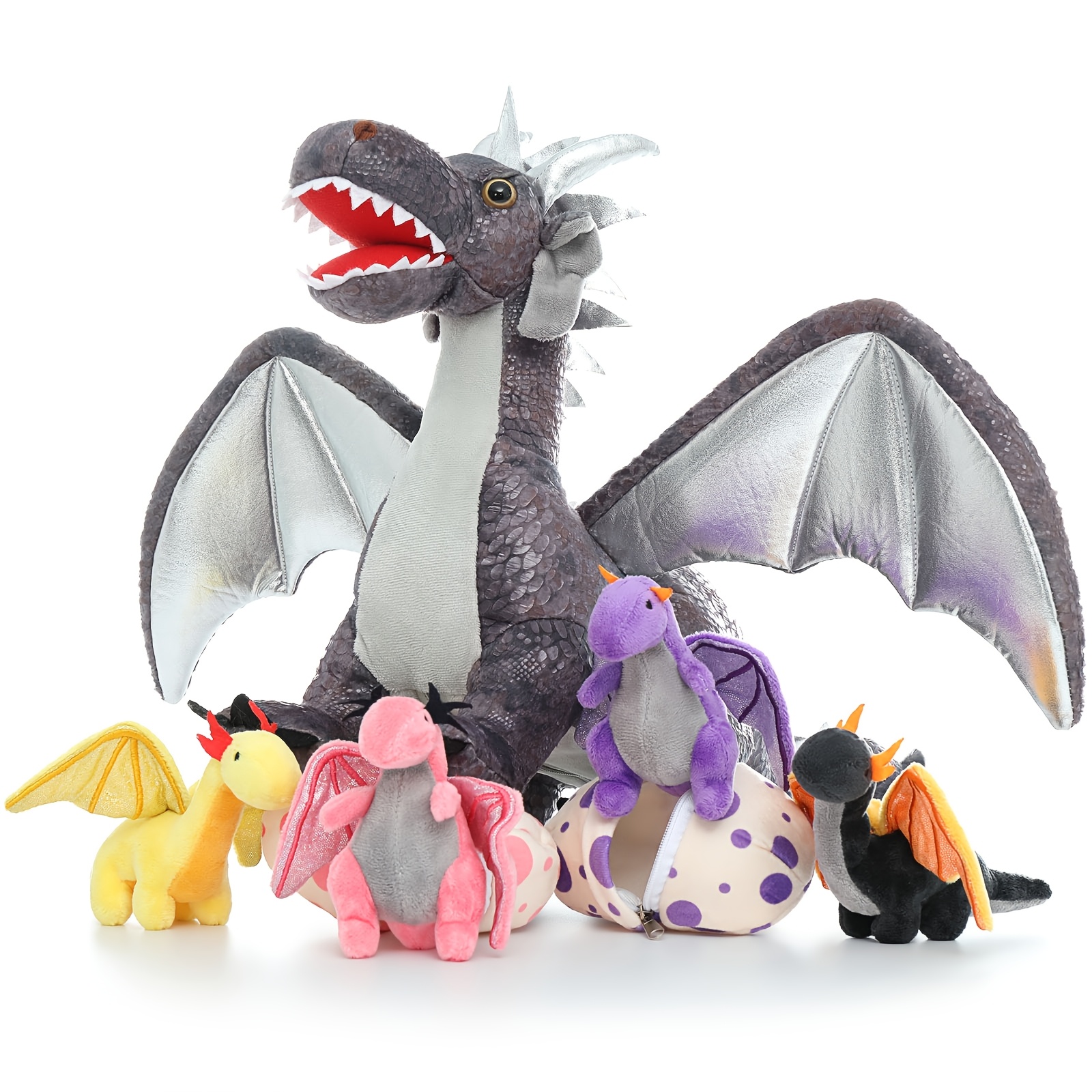 TEMU Maogolan Ensemble de 7 jouets en peluche Dragon, en peluche de 22 pouces avec 4 bébés et 2 œufs dans le ventre de maman, peluche dinosaure pour