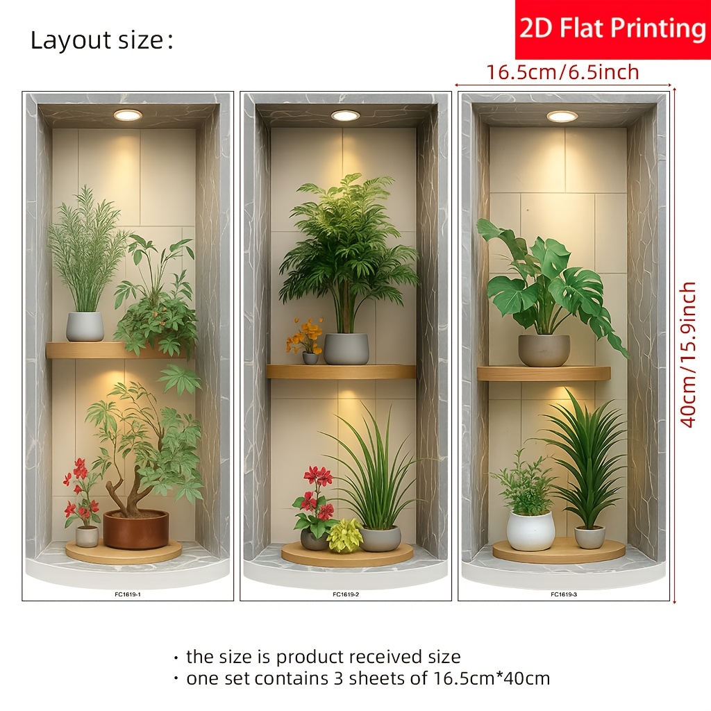 Image of 3pcs -2d Flat Printing Green Plant Wall Decals - Home Decor - Removable Self-adhesive Pvc Wall Decals, Suitable For Gardens, Homes, Living Rooms, Bedrooms, Tv Decor, Sofa Background Walls, 2d Flat