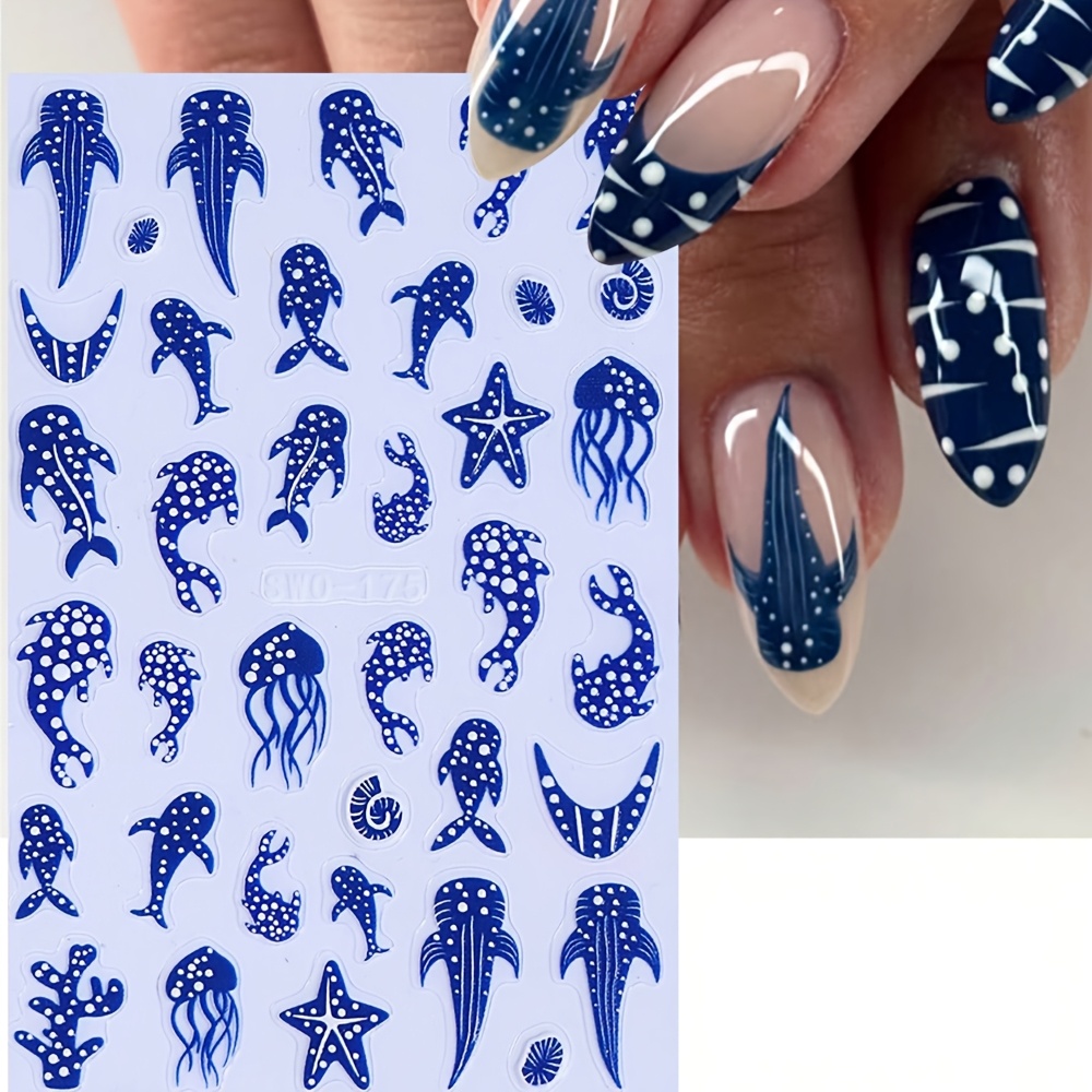 Image of 1pc 3d Embossed Ocean Art Stickers Self-adhesive Nail Decals With Whale, Jellyfish, Starfish Designs, Summer Beach Style Nail Decorations For Women Manicure Additions